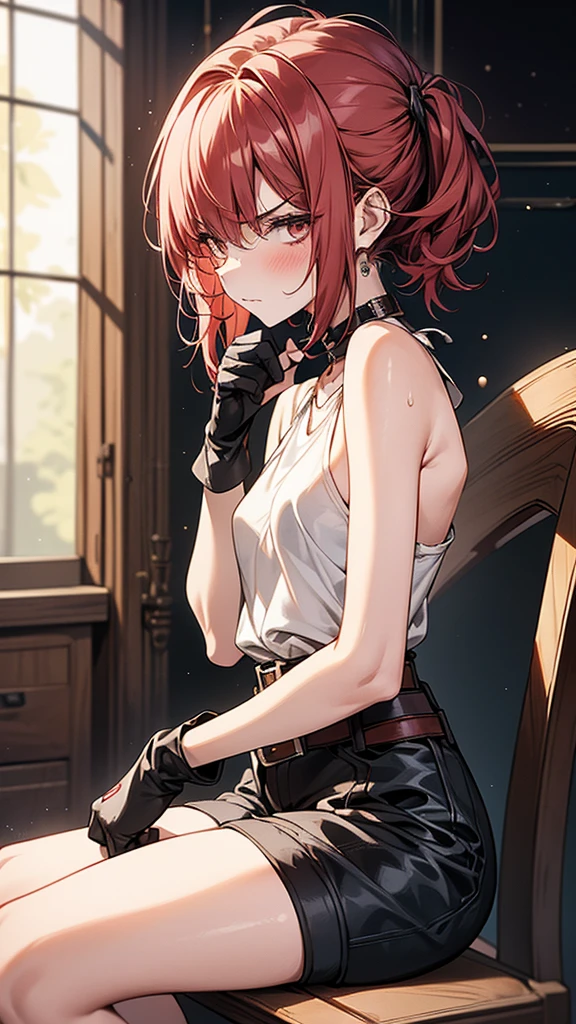 {{masterpiece}}, {{{Highest quality}}},{{Very detailed}},1girl,30years old,{Mature Woman}},Cowboy Shot,from side,{{Small breasts}},{{Female Fighter}},{{Shorts:1.4}},{{Sit on a chair and take a rest}},Slim body,{{Slender body}}、barefoot,{{A loose fitting white sleeveless tunic}}、Shorts belt black fingerless gloves Red Hair ruins,,{{v-shaped eyebrows}},Bad mood,blush、Sweat, View your viewers、short boots