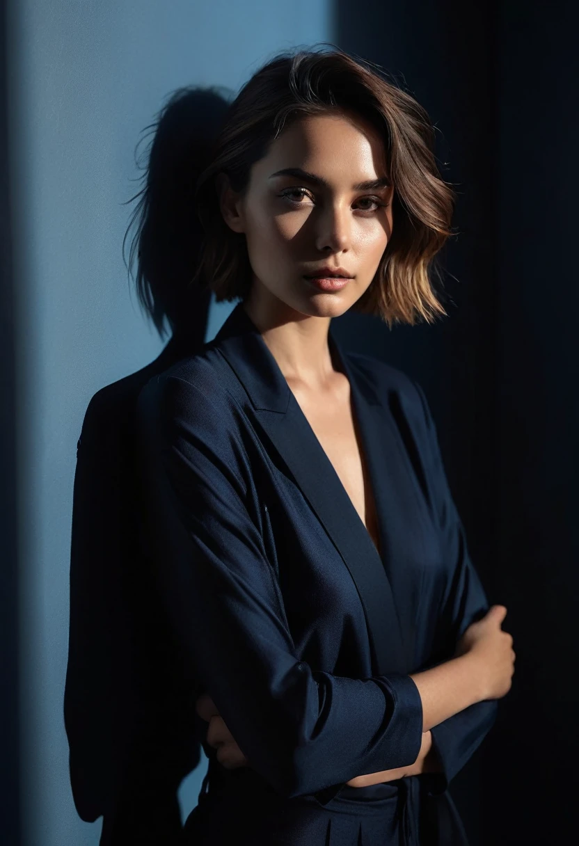 woman bathed in soft light, leaning against a wall, looking into the camera in a moment of raw emotion. Her attire is minimal, accentuating her beauty with the dramatic shadows cast by the lighting. The background is stark, with sharp contrasts highlighting the contours of her form. The blue and black palette intensifies the mood, evoking a sense of mystery and allure. Subtle film grain and meticulous shading add depth and texture, emphasizing the emotional gravity of the scene. The lighting creates a chiaroscuro effect, accentuating her expressive pose and the intense atmosphere.

