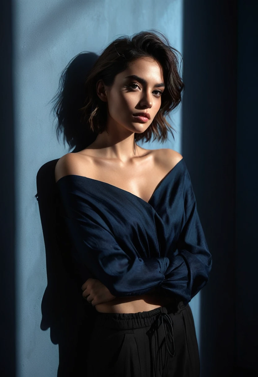 woman bathed in soft light, leaning against a wall, looking into the camera in a moment of raw emotion. Her attire is minimal, accentuating her beauty with the dramatic shadows cast by the lighting. The background is stark, with sharp contrasts highlighting the contours of her form. The blue and black palette intensifies the mood, evoking a sense of mystery and allure. Subtle film grain and meticulous shading add depth and texture, emphasizing the emotional gravity of the scene. The lighting creates a chiaroscuro effect, accentuating her expressive pose and the intense atmosphere.