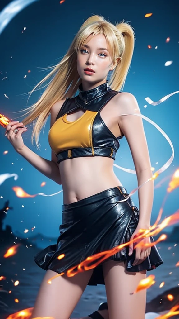 Moisturized skin, (gradient eyes), realistic body, (adult female body), energetic, (16 years old), (girl), crop top,
BREAK,
bright red lipstick, (beautiful navel), (golden hair), beautiful hair, (Naruto Uzumaki's clothes), (twintails), (leather), mini skirt,
BREAK,
((masterpiece + highest quality + high resolution + highly detailed)), (full body: 1.2), symmetrical, one shot,
BREAK,
(electric shock), (wind blows), (blue electricity), (battle stance: 1.4),
BREAK,
assassination, cut, kunai, fantastical, dynamic,