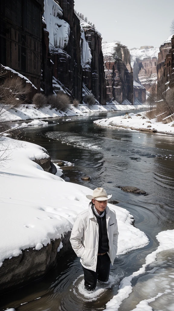 Photograph of a man in cold white clothes, canyon and a river behind , It is colored on the river bank and the rest is black and white,raw, Photojournalism