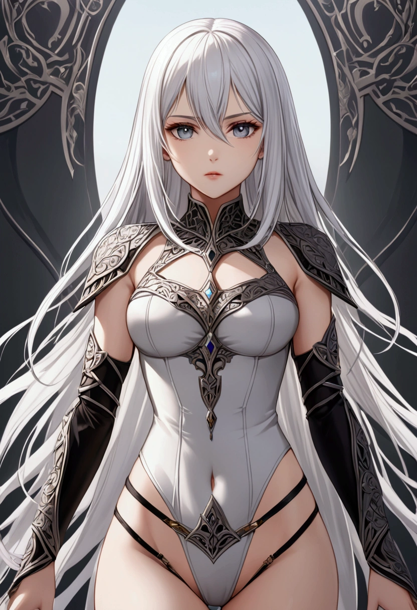 A girl with long smooth white hair,determined grey eyes,fair skin tone, average height,fantasy skimpy clothes, detailed eyes, detailed body,long shot, 8k highres best quality. 
