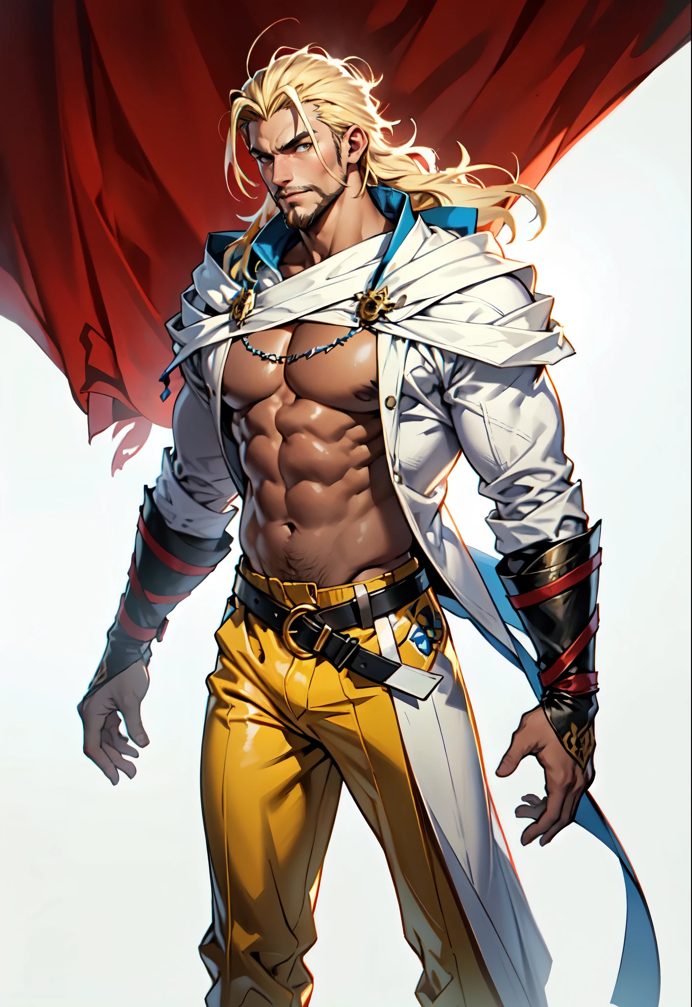 (masterpiece:1.2, best quality:1.2, extremely delicate:1.2), ((male:1.5)), a middle-aged man with slicked-back brown long hair, golden parted bangs, raised thick eyebrows, sharp eyes, rugged features, a full beard, a confident smile, tall and sturdy build, a fantasy martial arts style white open-chest silk coat with a long hem, a yellow shawl, long gloves, a leather belt, canvas trousers, standing in a sunny desert oasis, this character embodies a finely crafted fantasy martial arts style desert ruler in anime style, exquisite and mature manga art style, dramatic, high definition, highres, ultra-detailed, ultra-fine painting, professional, perfect body proportions, golden ratio, anatomically correct, symmetrical face, extremely detailed eyes and face, high quality eyes, creativity, RAW photo, UHD, 32k, Natural light, cinematic lighting, (masterpiece-anatomy-perfect:1.2)