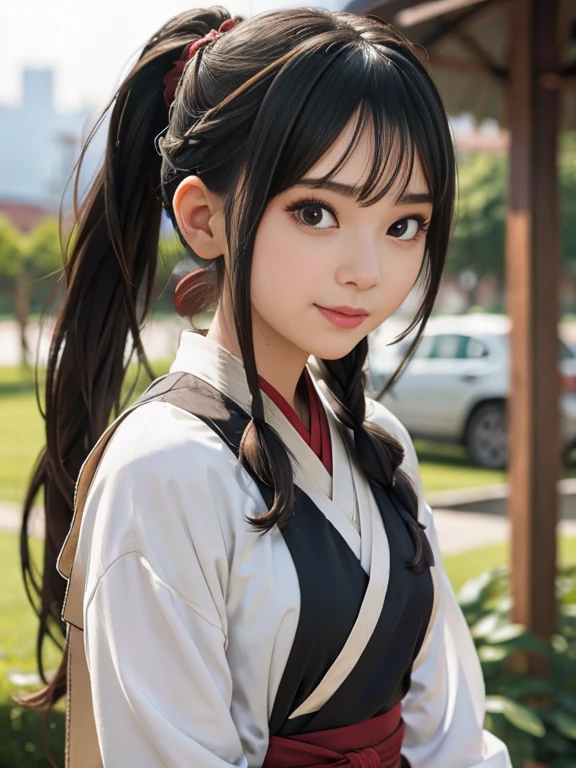 ((One girl)),((building)), Braided bangs,Braided Ponytail,(alone:1.2), Black Hair, 16 years,View your viewers, sunlight,Hanfu, Cheng Qiang, 