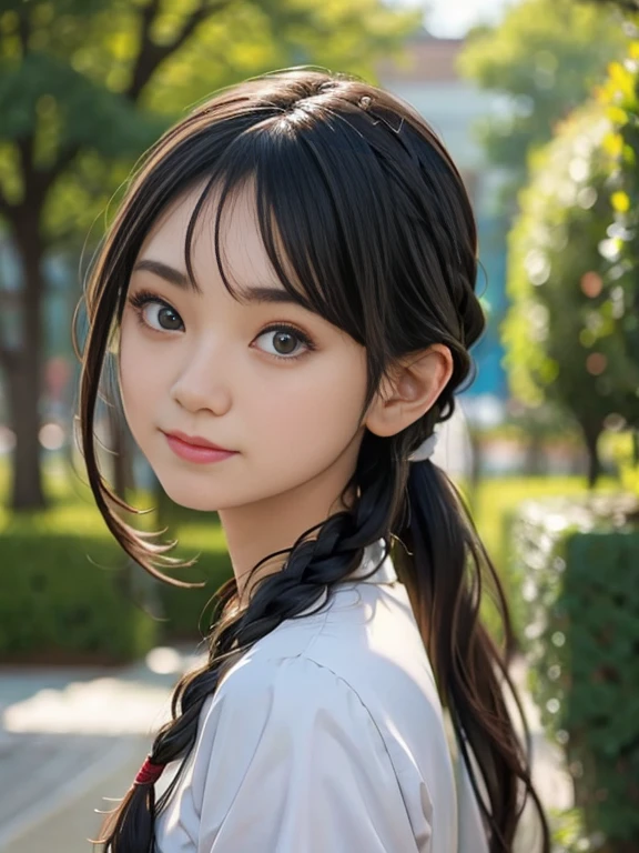 ((One girl)),((building)), Braided bangs,Braided Ponytail,(alone:1.2), Black Hair, 16 years,View your viewers, sunlight,Hanfu, Cheng Qiang, 