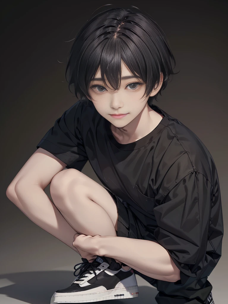Masterpiece, best quality,独奏, one Japanese boy, 18 years old,(tall and thin,sleepy droopy eyes, long face, (thin cheeks:1.2),(black shaggy short hair,blank expression:1.5),(Black long T-shirt,Long sleeve,Olive cargo pants,Black sneakers,Full body portrait:1.5),(Plain background:1.5),(feigned smile,close-up of a face:1.2)