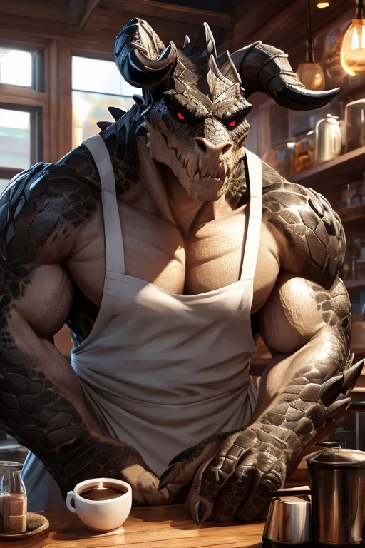 HDR, UHD, 8K, best quality, masterpiece, Highly detailed, sharp focus, detailed, ultra high res, amazing composition, intricate, hyperdetailed, detailed body, (detailed face:1.1), (rendered eyes), (perfect eyes), view from below, front view, solo focus, male focus, furry, scalie, mature man, sexy man, Deathclaw, toned arms, muscular body, chiseled chest, scales, greenish grey scales, tank top, waist apron, apron, jeans, coffee, coffee shop