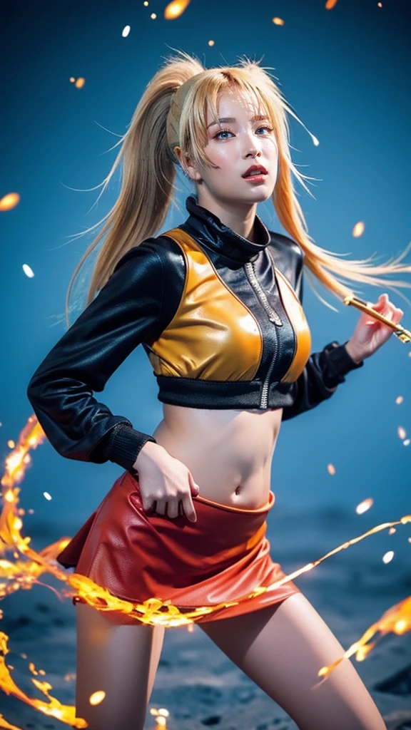 Moisturized skin, (gradient eyes), realistic body, (adult female body), energetic, (************), (girl), crop top,
BREAK,
bright red lipstick, (beautiful navel), (golden hair), beautiful hair, (Naruto Uzumaki's clothes), (twintails), (leather), mini skirt,
BREAK,
((masterpiece + highest quality + high resolution + highly detailed)), (full body: 1.2), symmetrical, one shot,
BREAK,
(electric shock), (wind blows), (blue electricity), (battle stance: 1.4),
BREAK,
assassination, cut, kunai, fantastical, dynamic,