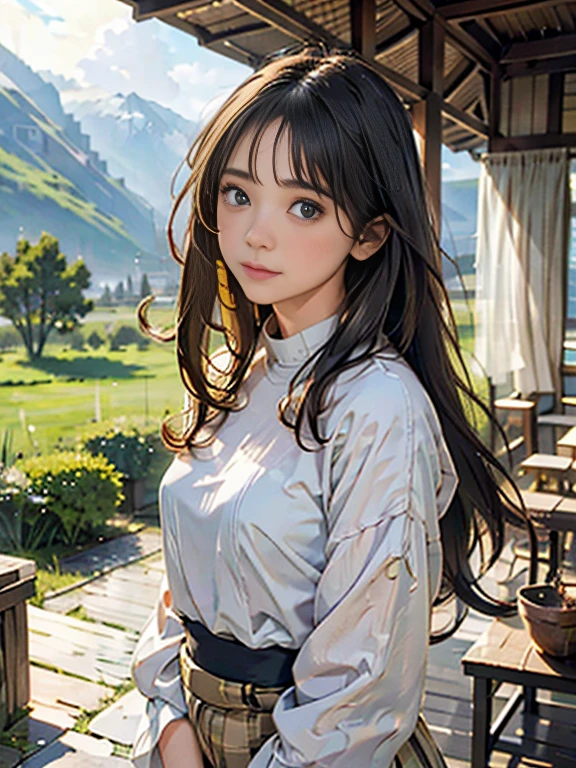 The painting style is quiet、The lighting is yellow. Home々A distant mountain々Surrounded by, The willows in the courtyard are swaying in the wind. Several layers of pale red curtains、It adds a slightly mystical atmosphere to the deep landscape.。, The woman is alone, Her long hair is scattered freely, And then her figure looms, With a faint smile.  