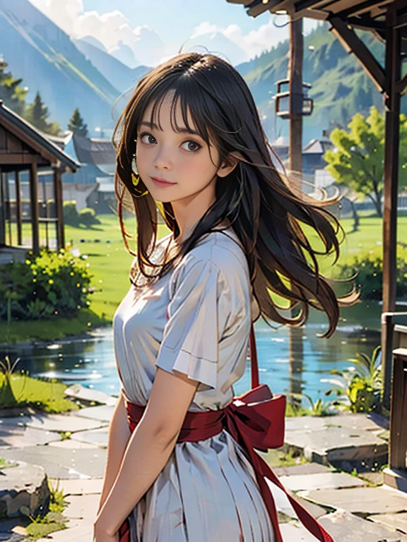 The painting style is quiet、The lighting is yellow. Home々A distant mountain々Surrounded by, The willows in the courtyard are swaying in the wind. Several layers of pale red curtains、It adds a slightly mystical atmosphere to the deep landscape.。, The woman is alone, Her long hair is scattered freely, And then her figure looms, With a faint smile.  