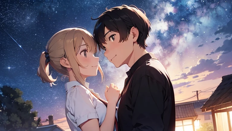 Man and woman gazing at the starry sky,Looking at each other,smile,night