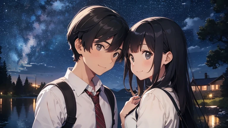 Man and woman gazing at the starry sky,Looking at each other,smile,night