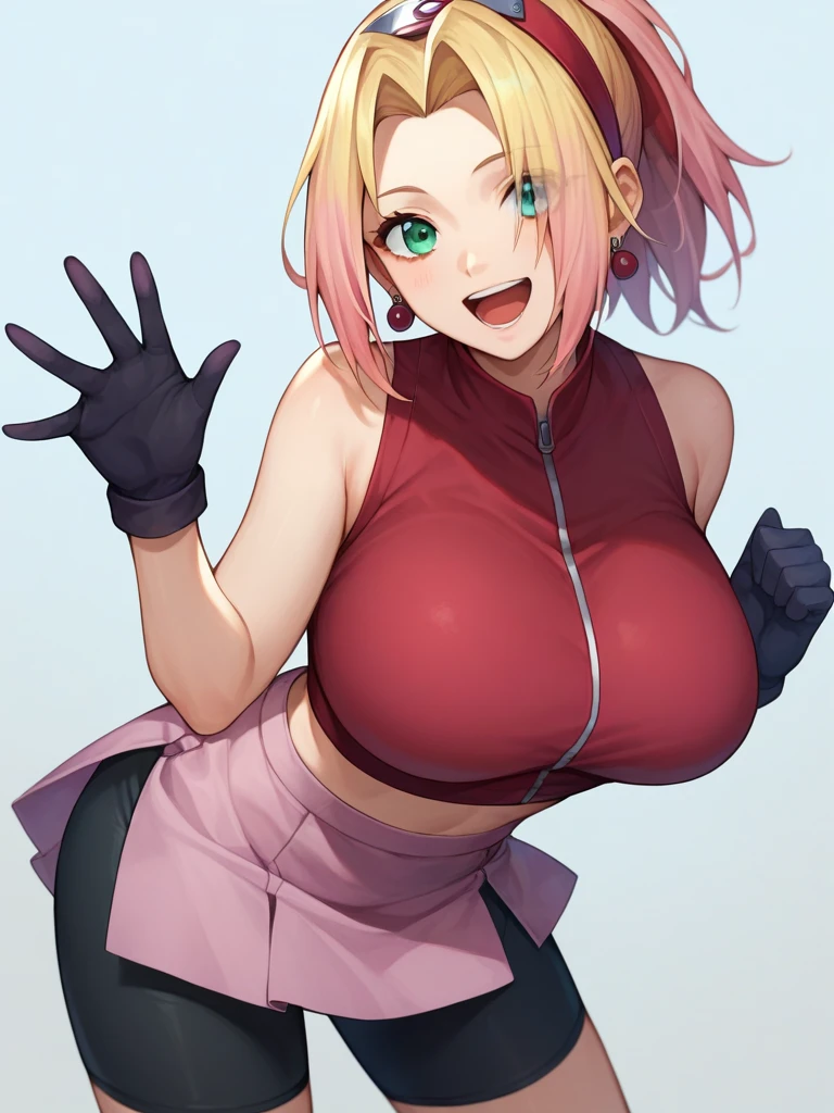 score_9, score_8_up, score_7_up,score_6_up, score_5_up, score_4_up , 1girl, solo, huge breasts, 1girl, haruno sakura, pink hair, green eyes, forehead protector, sleeveless, red shirt, bike shorts, shorts, black gloves, yamanaka ino, blonde hair, long hair, hair over one eye, ponytail, hairclip, blue eyes, purple crop top, sleeveless, purple skirt, fishnets, earrings, happy, cowboy shot, simple background