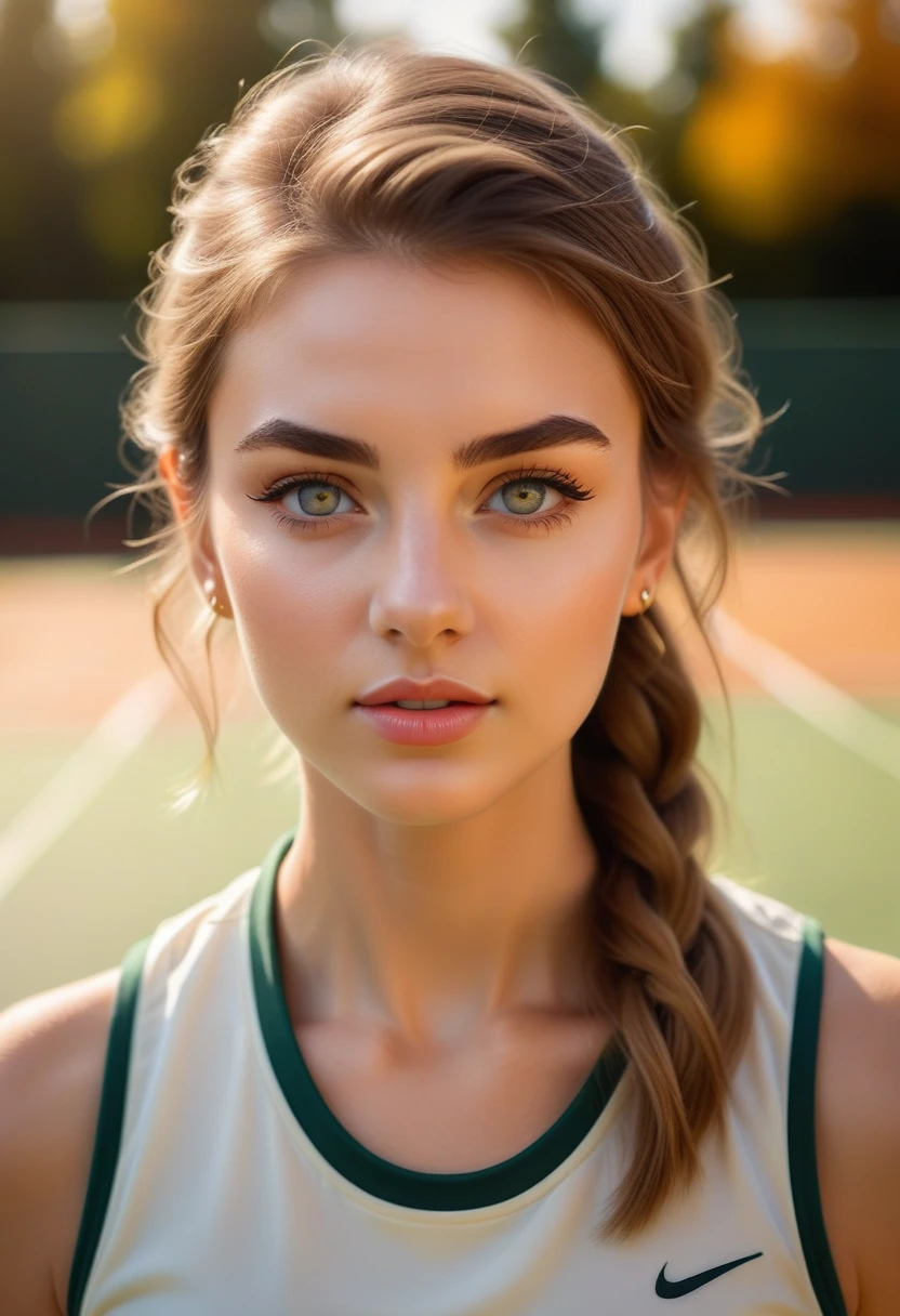 A young woman, tennis hobby, fashionable, stylish outfit, beautiful detailed face, detailed eyes, detailed lips, long eyelashes, elegant, graceful pose, posing on tennis court, dynamic action, sunlight, warm color tones, highly detailed, 8K, photorealistic, professional photography, studio lighting, bokeh