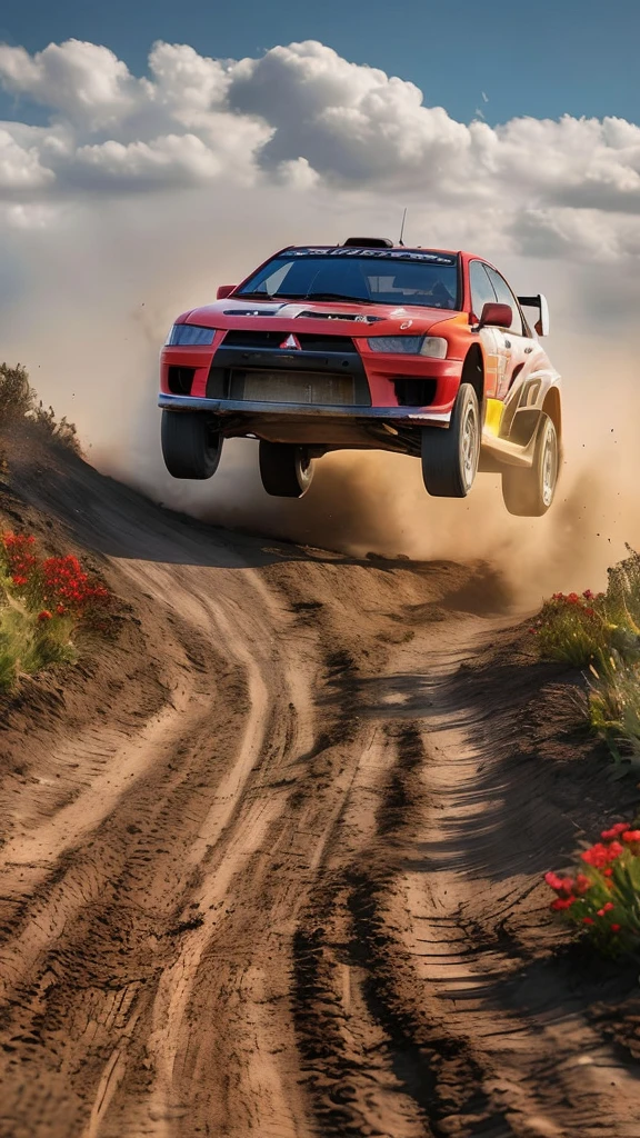 arafed red truck driving on dirt road with clouds in background, motorsports photography, rally driving photo, car jumping, dirt and grawel in air, rally car, car jump, off - road, leaping into the air, kicking up dirt, motor sport photography, vehicle photography, leaping, flying mud, action sports photography, action photography, trophy truck