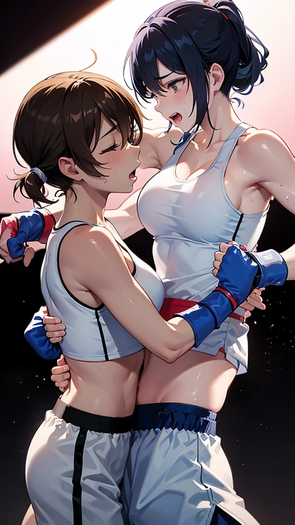 Mature Boxer, reddish brown hair, bob cuts, Sexy lips, Black Sports Bra, Blue Lip, ((Blue Boxing Gloves)), Big ,Laced boots,Sweat all over the body,fullbody image,Ecstatic look,Hugging a girl from behind,((Two Women)),Lesbian sex,In the crotch,Insert from the back,cum faced,Iki face,cum on,erectile nipple,all-fours