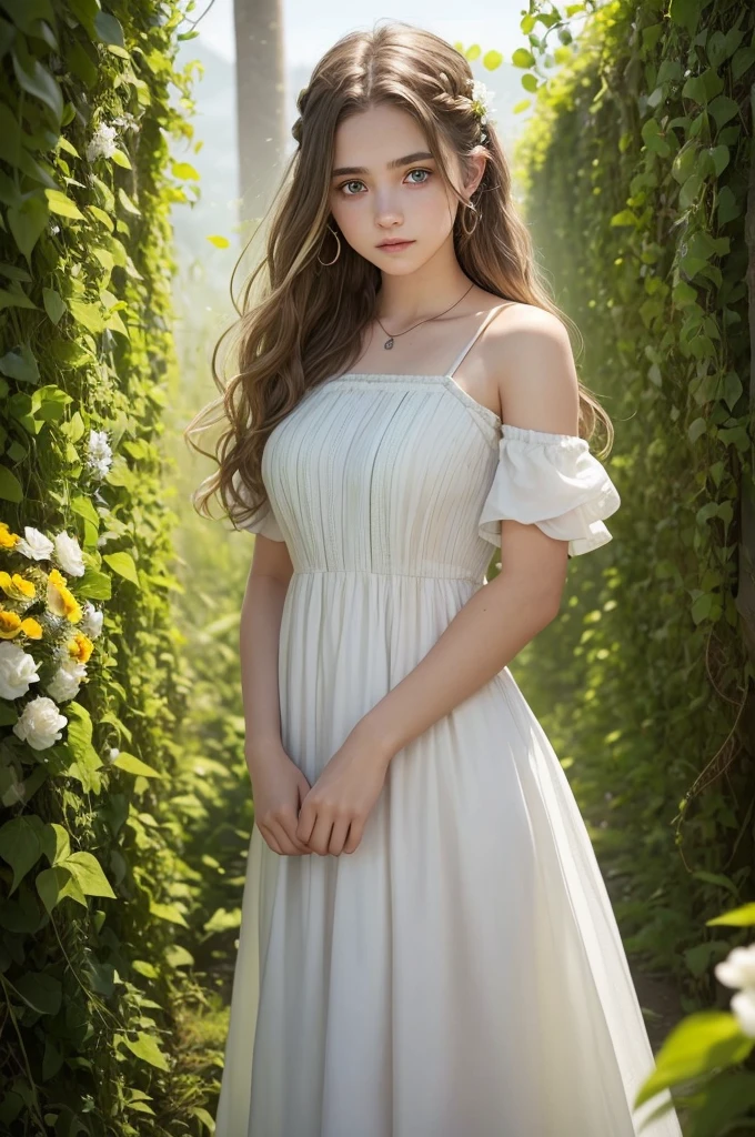 A with light brown, slightly wavy hair with white highlights in her hair, blue green eyes with ear piercings, white midi dress with flowers, and by his side Newt from Maze runner
