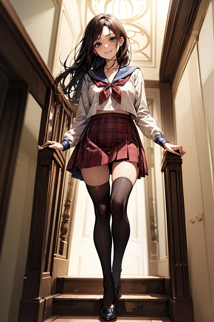 (Biologically correct limb count),Full body, including face,4K,Focus on the masterpiece face,Well-proportioned facial features,Delicate descriptive eyes,One beautiful woman、Excellent style,(Red checked sailor suit,skirt,Black Stockings),(smile),Looking down,Photos with white borders,Look away from the camera,National Library,walking,Walking down the stairs