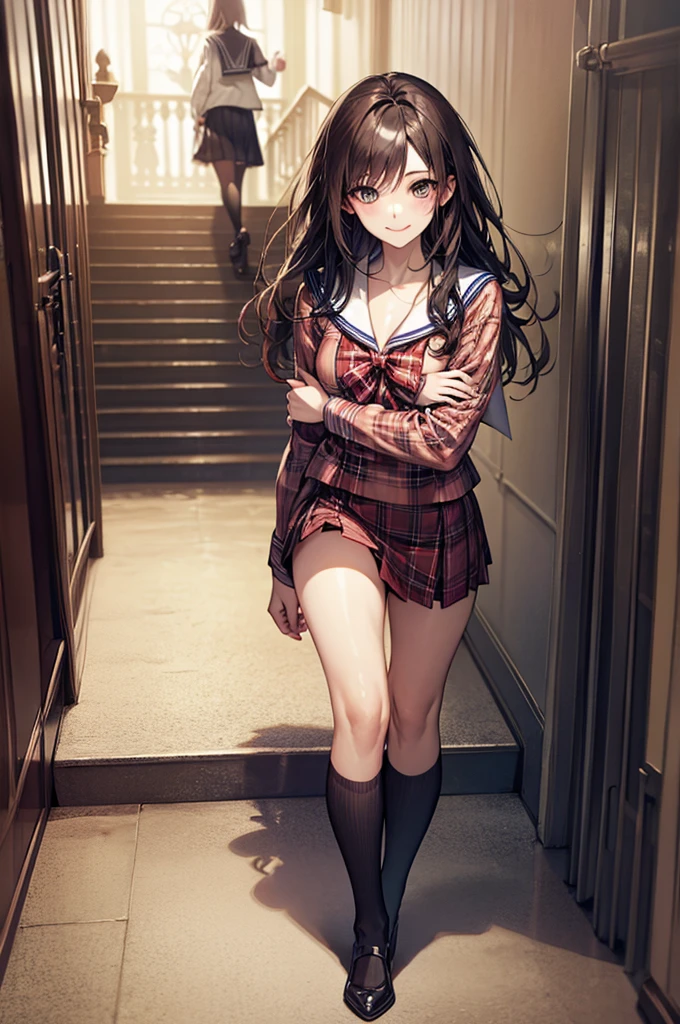 (Biologically correct limb count),Full body, including face,4K,Focus on the masterpiece face,Well-proportioned facial features,Delicate descriptive eyes,One beautiful woman、Excellent style,(Red checked sailor suit,skirt,Black Stockings),(smile),Looking down,Photos with white borders,Look away from the camera,National Library,walking,Walking down the stairs