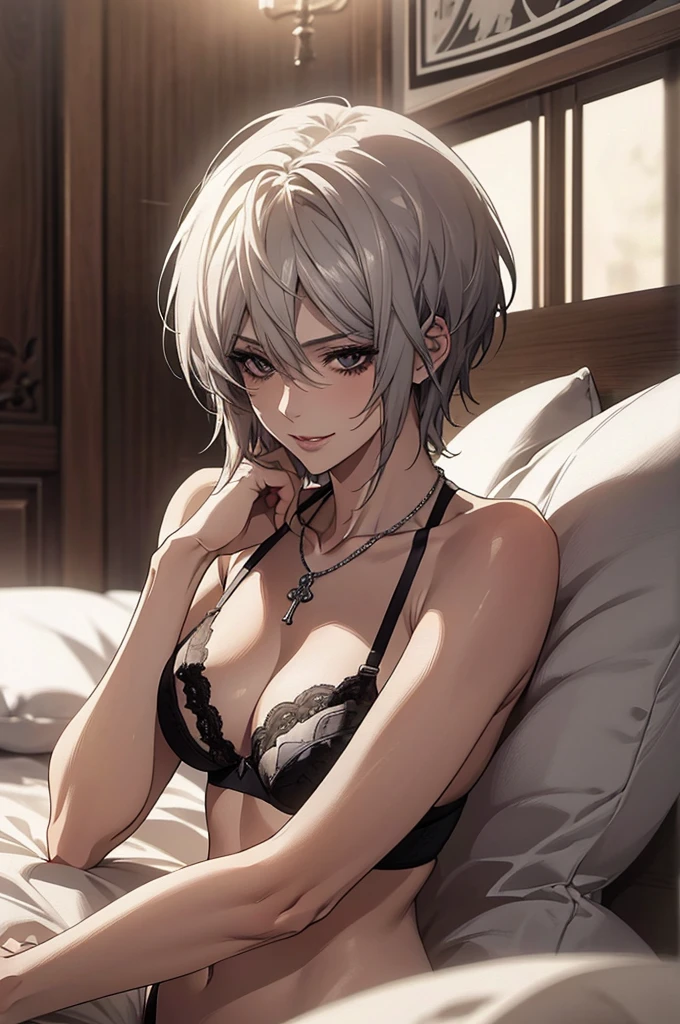 (Highest quality, High resolution, Very detailed), Realistic, Very beautiful 8K, CG wallpaper, Silver Hair, Super short hair, black eye, lace thong bra, NUDE, Large Breasts, Perfect Makeup, necklace, 20th Generation, Beautiful woman, mature, quiet, Calm, A small smile, bed,