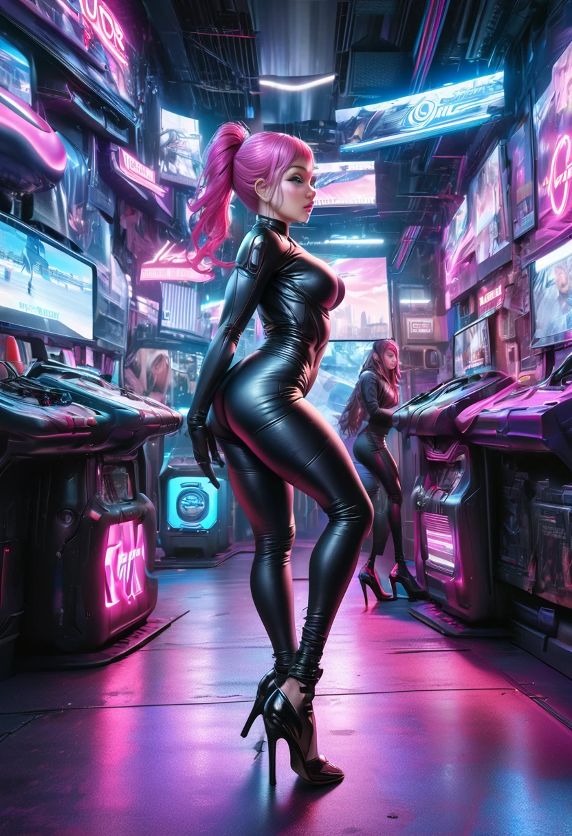 a beautiful elf woman in a cyberpunk futuristic setting, wearing a tight bodysuit, high heels, and a high ponytail hairstyle, (best quality,4k,8k,highres,masterpiece:1.2),ultra-detailed,(realistic,photorealistic,photo-realistic:1.37),intricate details, hyper-realistic, cinematic lighting, glowing neon lights, cyberpunk architecture, futuristic cityscape, dramatic pose, dynamic composition, vibrant colors, neon pink and blue highlights