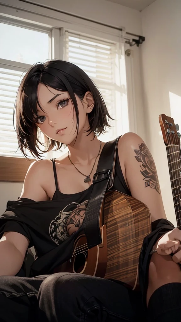 A young woman with short black hair dyed the ends light brown. wearing a black tank top He has graphic tattoos on his shoulder and chest. playing acoustic guitar Create an image of a young woman playing an acoustic guitar in a cozy room. She has short, light brown hair that is dyed at the ends. and wearing a black tank top Intricate graphic tattoos are evident on the shoulders and chest. She has a relaxed and expressive demeanor while playing the guitar. The background of the picture is a room with a simple white door and furniture.