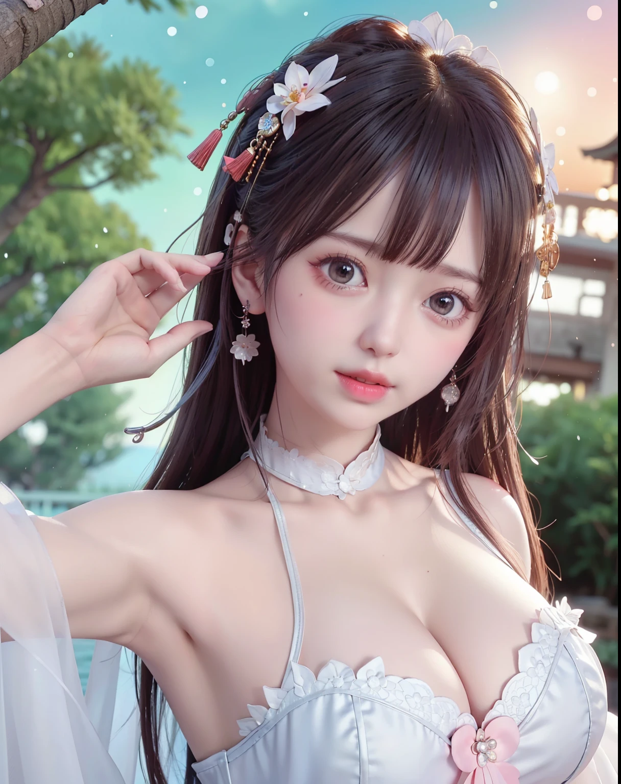 (8k, RAW photo:1.2), best quality, ultra high res,dramatic angle,(fluttered detailed color splashs), (illustration),(((1 girl))),(long hair),(rain:0.9), (Headdress:1.4),There is an ancient palace beside the girl,Hanfu,(Key Points),Color ink painting,(Splash of Color),Splash of Color,(((colorful))),(sketch:0.8) , Masterpiece, best quality, beautiful painted, highly detailed,(denoising:0.6),[splash ink],((ink refraction)), (beautiful detailed sky),moon,highly,detaild,(masterpiece, best quality, extremely detailed） CG Unity 8k Wallpaper，masterpiece，best quality，Ultra Detailed），（Lycoris）. hanfu open v open V-chested clothes Thin silk lace dress , (huge ，cleavage),, white pinkand gren，best qualtiy，tmasterpiece，Ultra-high resolution，（Reality：1.4），RAW photogr，（True skin texture：1.3），（filmgrain：1.3），（Selfie angle），1个Giant Breast Girl，Beautiful eye and face details，tmasterpiece，Best quality at best，，The chest more exposed， detailed hair, bra pink , detail 8k, upper body, lace petticoat