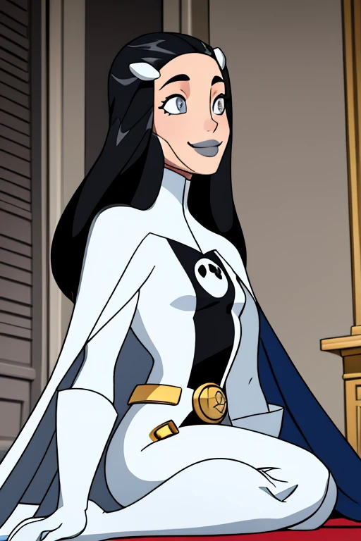 Tinya Wazzo, solo,black hair, long hair. grey eyes, smile, grey lips, white cape, best quality, masterpiece, 1girl, Masterpiece, Best Quality, Detail, room, From Behind, From Below, cape in front, sitting, cape on floor