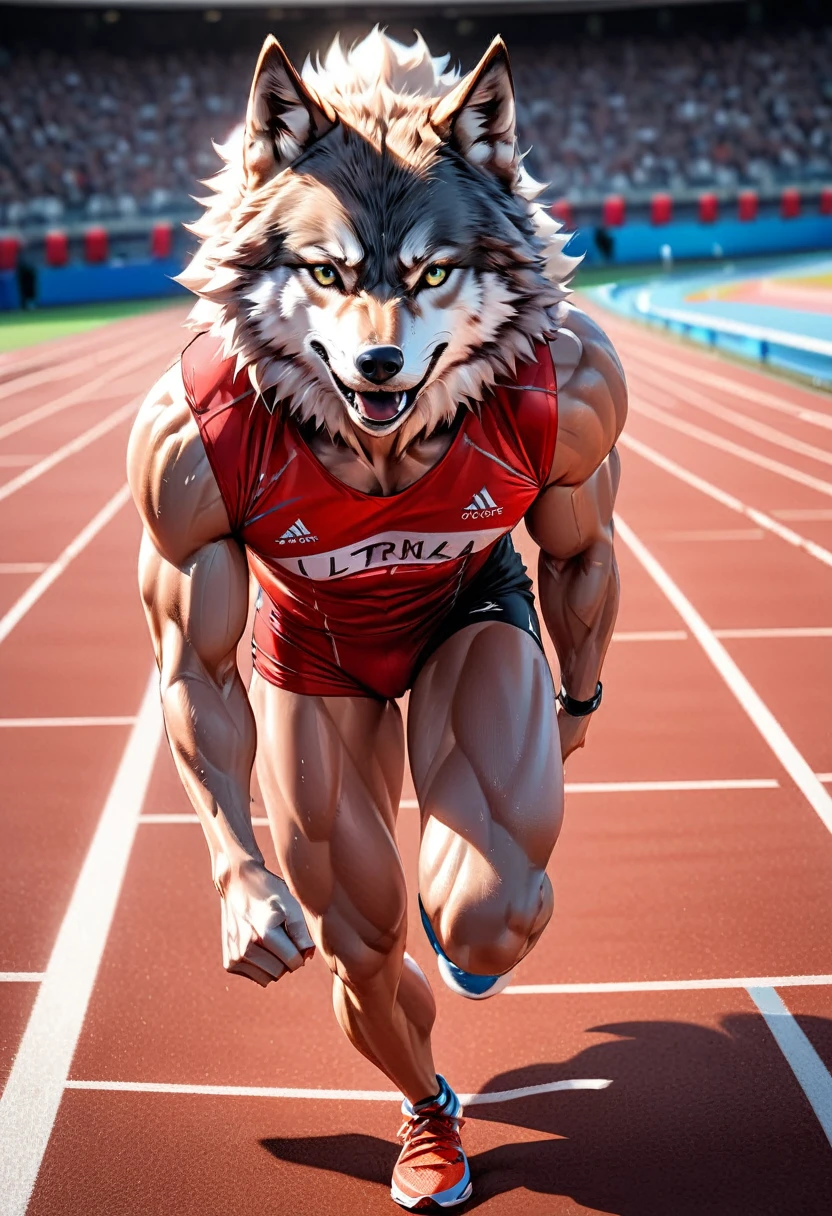 a photo finish shoot of a muscular anthomorph wolf on the running lane,  ((full body shot: 1.5)), ((anatomically correct: 1.5)) (ultra detailed face: 1.2), dynamic fur color, intense eyes, determined look, he is wearing running t shirt, sports shoes, running lane in an athlete stadium in the Olympics,  vibrant, Ultra-high resolution, High Contrast, (masterpiece:1.5), highest quality, Best aesthetics), best details, best quality, highres, 16k, [ultra detailed], masterpiece, best quality, (extremely detailed) RAW, (ultra details, Masterpiece, best quality), Cinematic Hollywood Film, Intense gaze