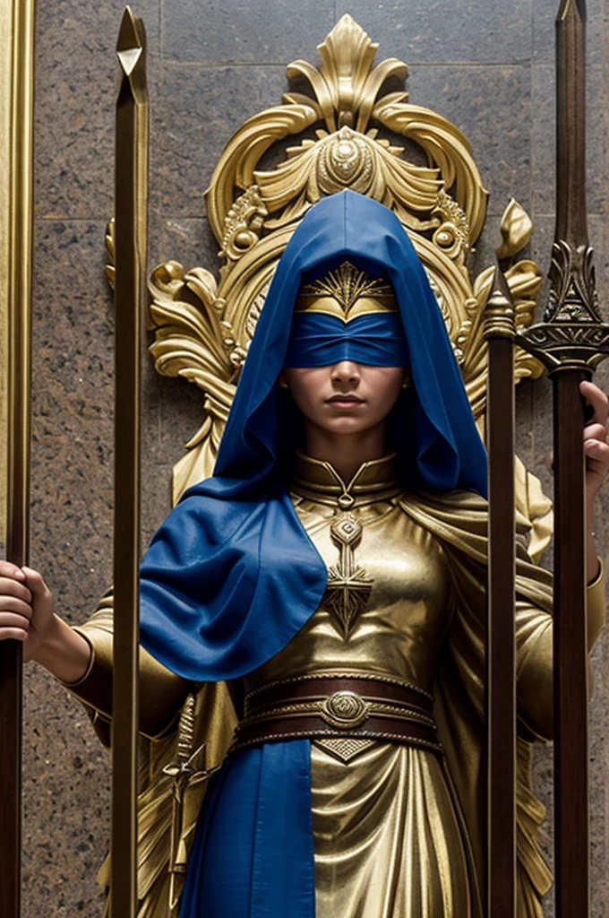 Best Quality)), ((masterpiece)), (detailed), 1 woman, Lady of justice, with 1 scale and 1 sword, with a transparent blindfold so you can see his eyes, a dress that is the flag of Venezuela, with the background of Caracas behind her, the courthouse and the Supreme Court of Justice