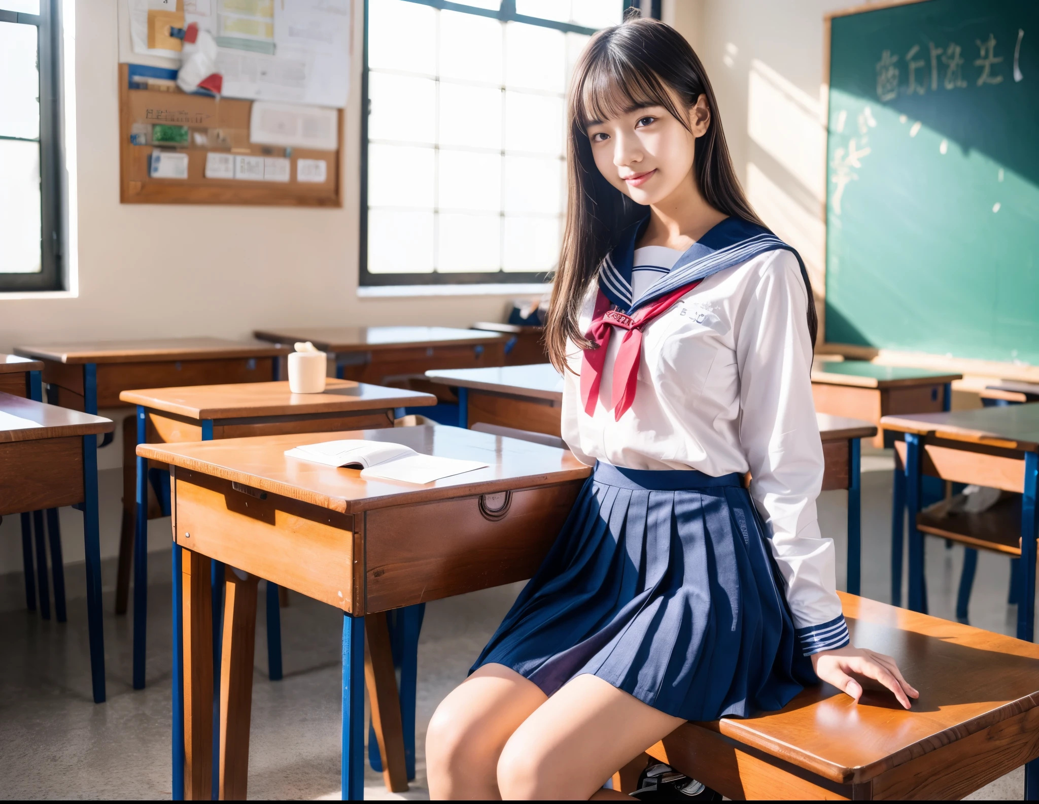 Raw photo , 1 girl ,Wearing sailor uniform ,(((ankle length skirt))), (( girl studying on on in the classroom)) , professional photographer, (hdr:1.4), masterpiece, ultra-realistic 8k, perfect artwork, intrincate details, cute face, award winning photograph, (Best quality, 8k, 32k, Masterpiece, UHD:1.3) ,