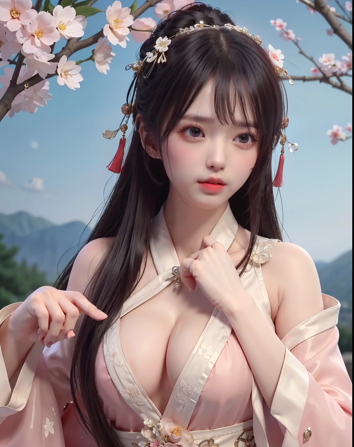 (8k, RAW photo:1.2), best quality, ultra high res,dramatic angle,(fluttered detailed color splashs), (illustration),(((1 girl))),(long hair),(rain:0.9), (Headdress:1.4),There is an ancient palace beside the girl,Hanfu,(Key Points),Color ink painting,(Splash of Color),Splash of Color,(((colorful))),(sketch:0.8) , Masterpiece, best quality, beautiful painted, highly detailed,(denoising:0.6),[splash ink],((ink refraction)), (beautiful detailed sky),moon,highly,detaild,(masterpiece, best quality, extremely detailed） CG Unity 8k Wallpaper，masterpiece，best quality，Ultra Detailed），（Lycoris）. hanfu open v open V-chested clothes Thin silk lace dress , (huge ，),, white pinkand gren，best qualtiy，tmasterpiece，Ultra-high resolution，（Reality：1.4），RAW photogr，（True skin texture：1.3），（filmgrain：1.3），（Selfgle），1个Giant Breast Girl，Bul eye and face details，tmasterpiece，Best quality at best，，The chest more exposed， detailed hair, bra pink , detail 8k, upper body, lace petticoat