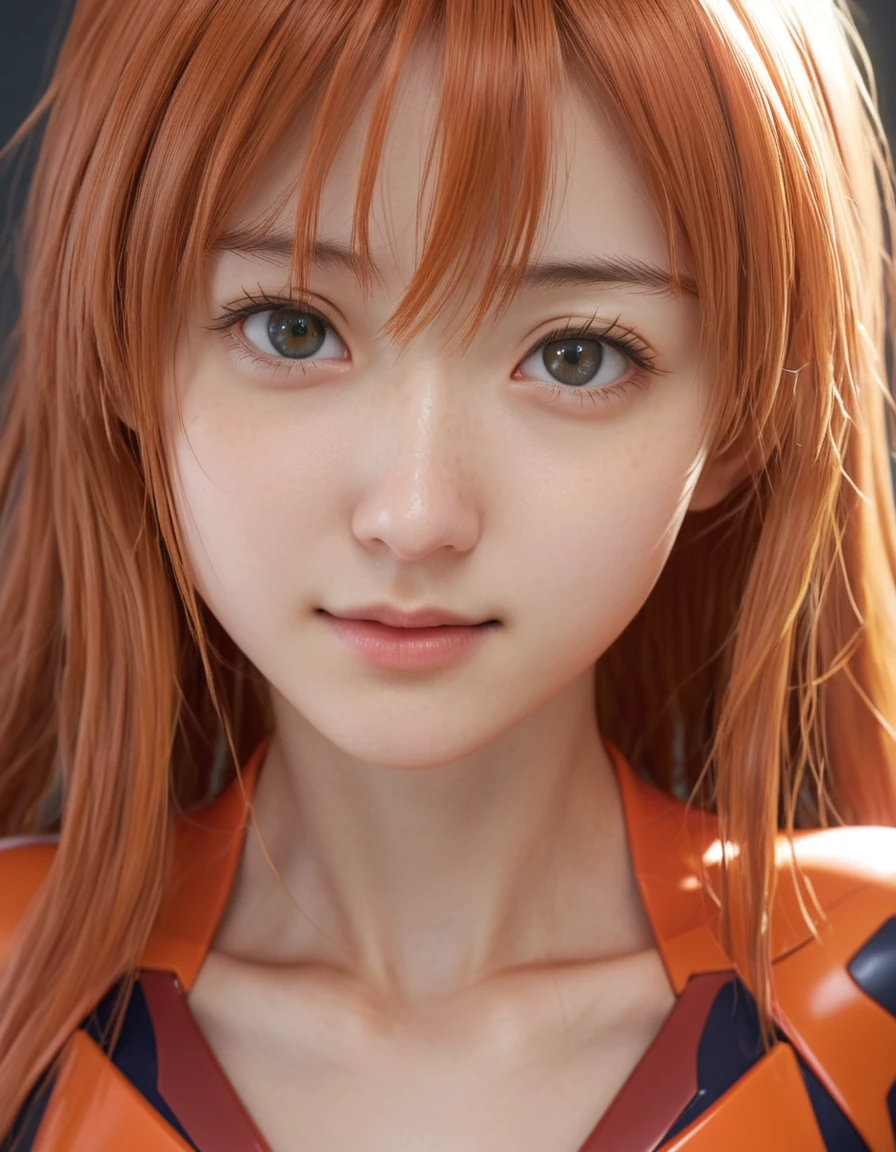 One girl, Soryu Asuka Langley, Neon Genesis EVANGELION, Friendly, smile, Japanese, close, 
8k, born, Highest quality, Ultra-realistic, Realistic, Natural Skin, Detailed skin, (Skin Dentition:0.3),View your viewers