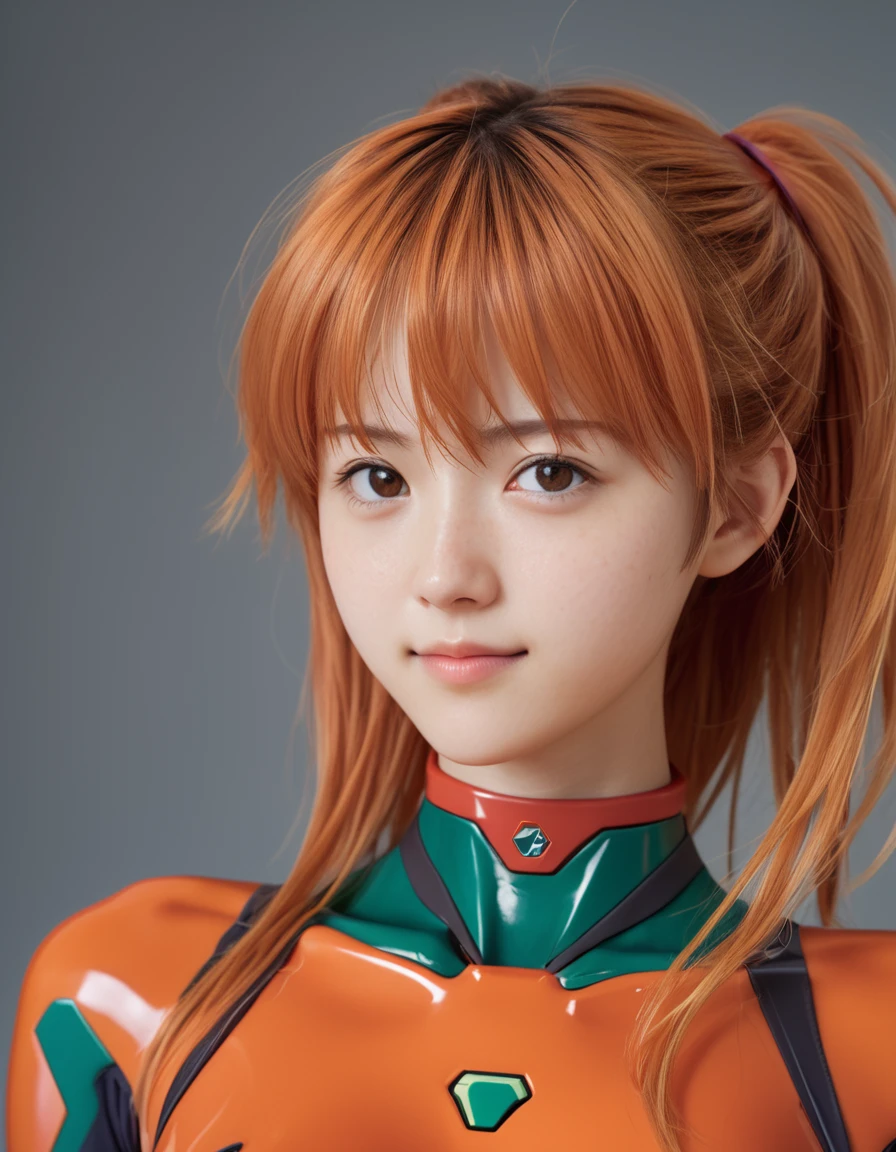 One girl, Soryu Asuka Langley, Neon Genesis EVANGELION, Friendly, smile, Japanese, close, 
8k, born, Highest quality, Ultra-realistic, Realistic, Natural Skin, Detailed skin, (Skin Dentition:0.3),View your viewers