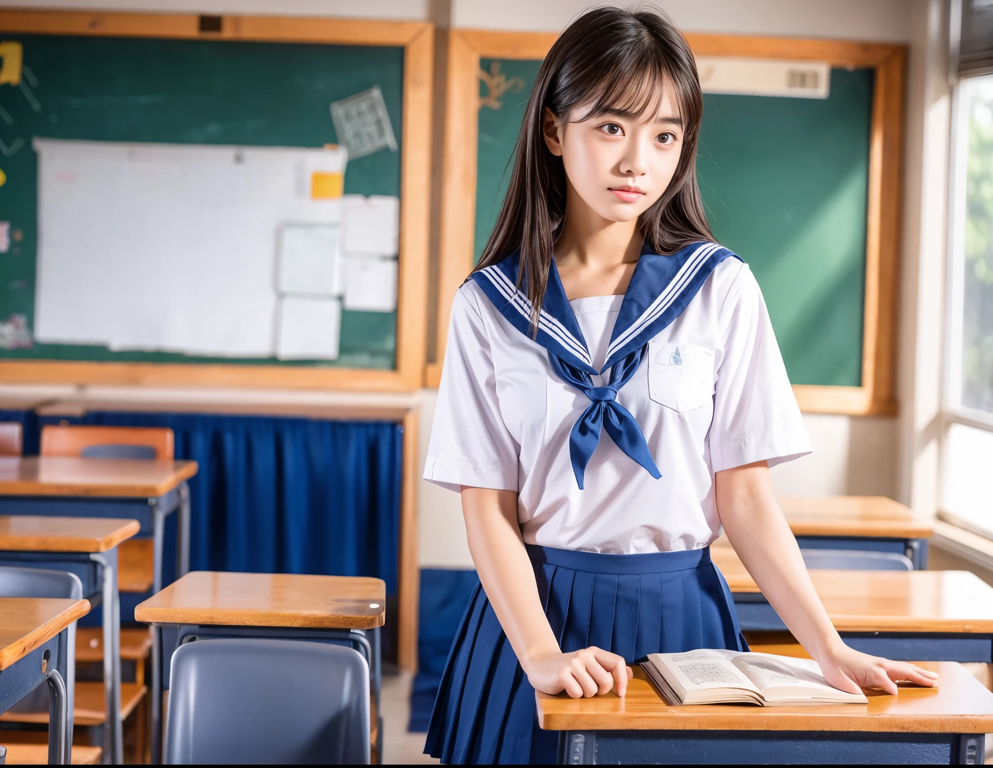 Raw photo , 1 girl ,Wearing sailor uniform ,(((ankle length skirt))), ((teen school girl studying on on in the classroom)) , professional photographer, (hdr:1.4), masterpiece, ultra-realistic 8k, perfect artwork, intrincate details, cute face, award winning photograph, (Best quality, 8k, 32k, Masterpiece, UHD:1.3) ,