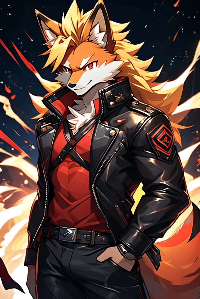 firefox, Male Super Saiyan Blonde Hair, (detailed), Fluffy, Solitary, Meticulous and pragmatic, Exquisite eyes(( Black and red eyes)),,He was wearing a white pair, Standing ,leather jacket,Ghost warriors,Tactical pants , HD 4k 星际firefox , (detailed), Fluffy, Solitary, Meticulous and pragmatic, Exquisite eyes(( Black and red eyes)),,He was wearing a white pair, Standing,flirting,Crotch bulge,Sexual desire,Small round face
