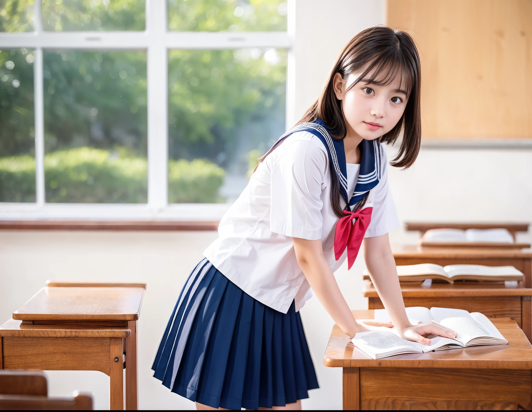 Raw photo , 1 girl  ,Wearing sailor uniform ,(((ankle length skirt))), (( girl studying on on in the classroom)) , professional photographer, (hdr:1.4), masterpiece, ultra-realistic 8k, perfect artwork, intrincate details, cute face, award winning photograph, (Best quality, 8k, 32k, Masterpiece, UHD:1.3) ,