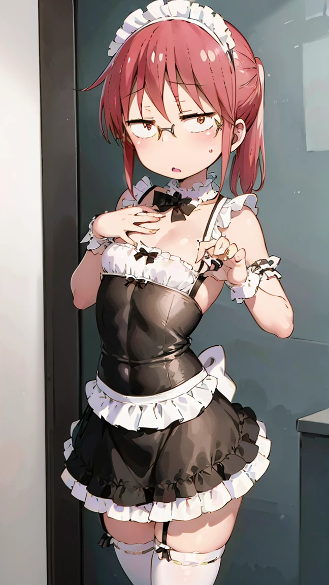 Kobayashi, (Bust size very very small.)),  (flat chest:1.2), Posing embarrassed, Sexy Maid Dress, maid bikini, frills