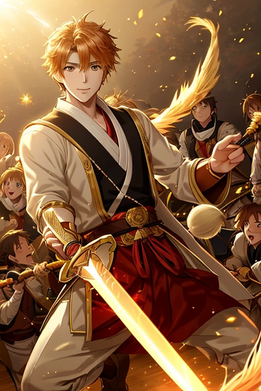 超High resolution,masterpiece,Awards,Highest quality,High resolution,8k,Attention to detail,(male:1.6),Perfect Face,long黒髪,ancient chinese hair ornaments,Blonde Hair Accessories,(Facing the lens:1.4),(sword on hand:1.5),Handheld scabbard,ancient chinese robes,martial arts,Outlaw Star,Armor,Jump up,There's a dragon behind,Chinese Dragon,patron saint,背景にはMountainと木々,Mountain,Pavilion,pine tree,Bright sky,White cloud,Cloudy,long,,ancient oriental architecture,Ancient Chinese architecture,