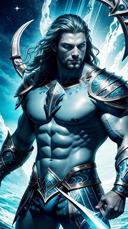[SeaArt] is a muscular man with determined features, wearing mystical Atlantean armor adorned with aquatic motifs. His eyes glow blue, symbolizing his marine powers. The armor is silver with bluish highlights, and he holds a trident.