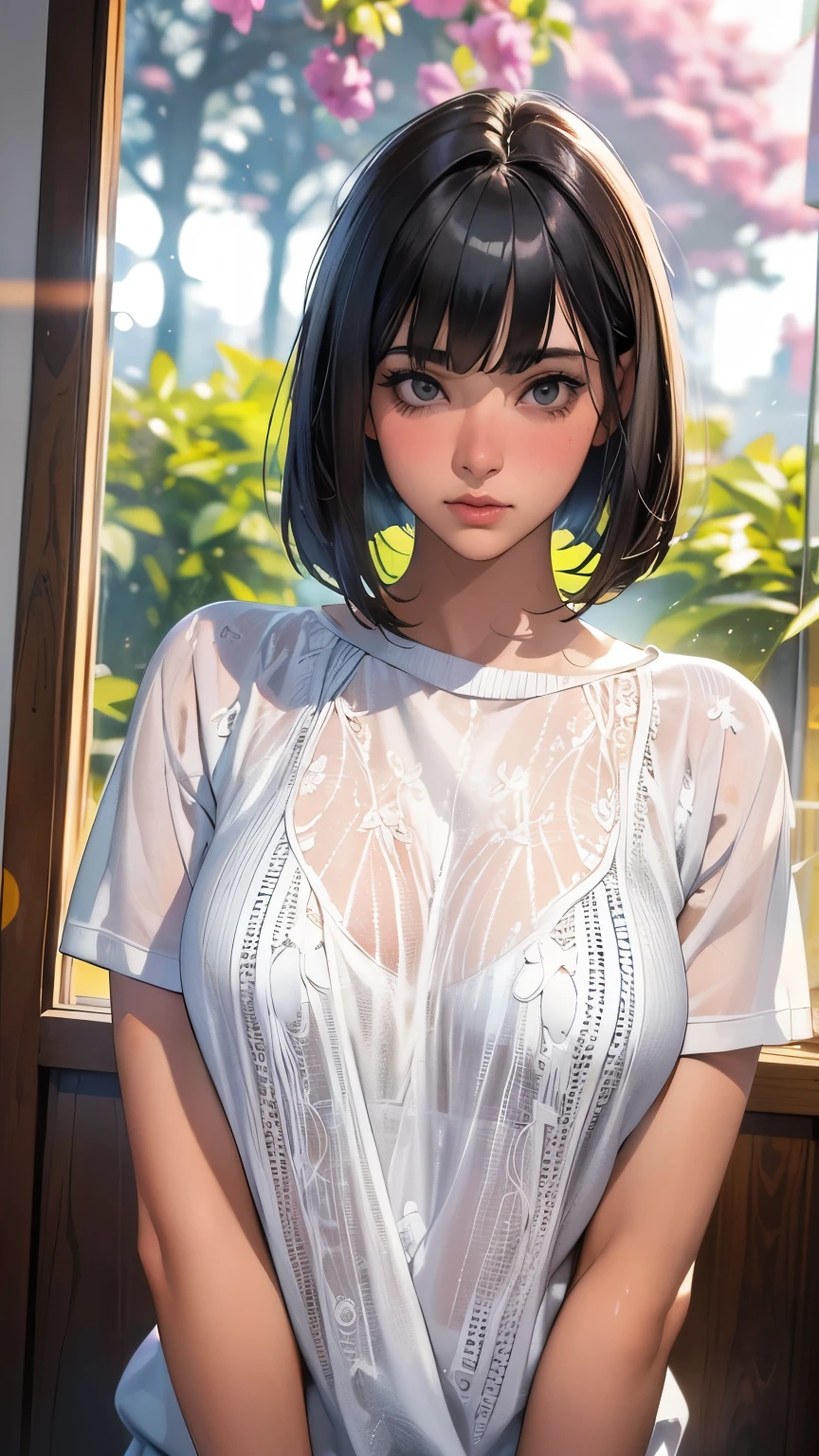 femele、Glamour、paparazzi shooting、A dark-haired、bob cuts、((Colossal tits:1.2)), ((wearing white t-shirts:1.5)), 8K、high-level image quality、masutepiece、cowboy  shot、top-quality、hard disk、A highly detailed、Stereoscopic lighting、Photorealistic、Sit on the sofa、((a wet body))、Rain-drenched body、Shiny body、pointed Nipple、((Oiled body))、((Oily body))、((Shoot head-on))