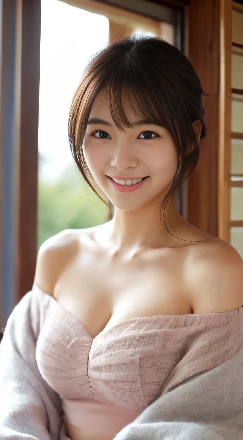 masterpiece,best quality,(Japanese girl),((Beautiful girl)),cleavage,(off shoulder:1.2),(perfect body beauty:1.2),(shy smile),