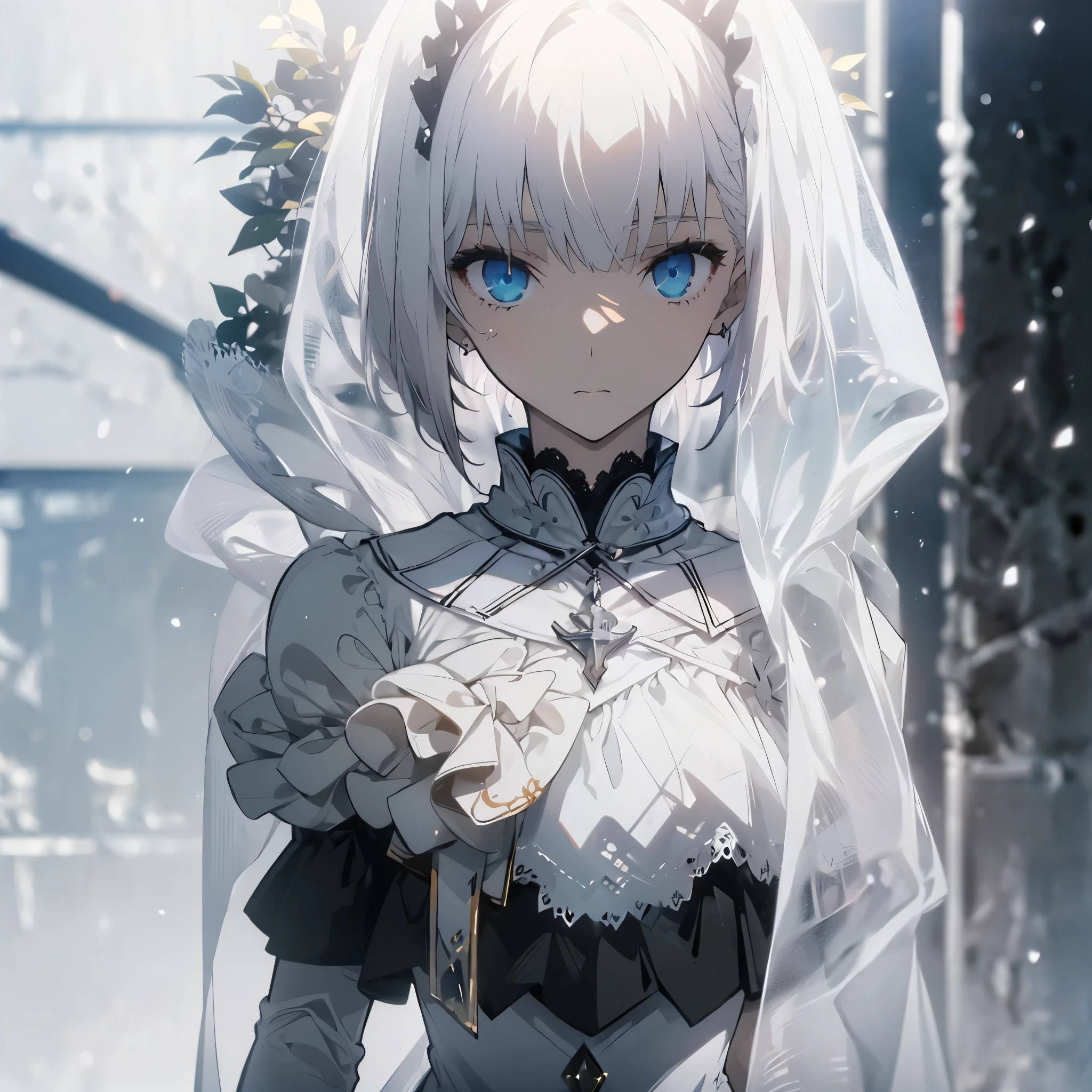 ((masterpiece, best quality)), Pure white background,Delicate face,JK style,whole body,Perfect proportion,Handsome short hair,((Half of her hair is white,The other half is black,Available in two colors)),beautiful eyes,Fantasy style,Extremely beautiful,Transparent underwear,Lace,Pantyhose