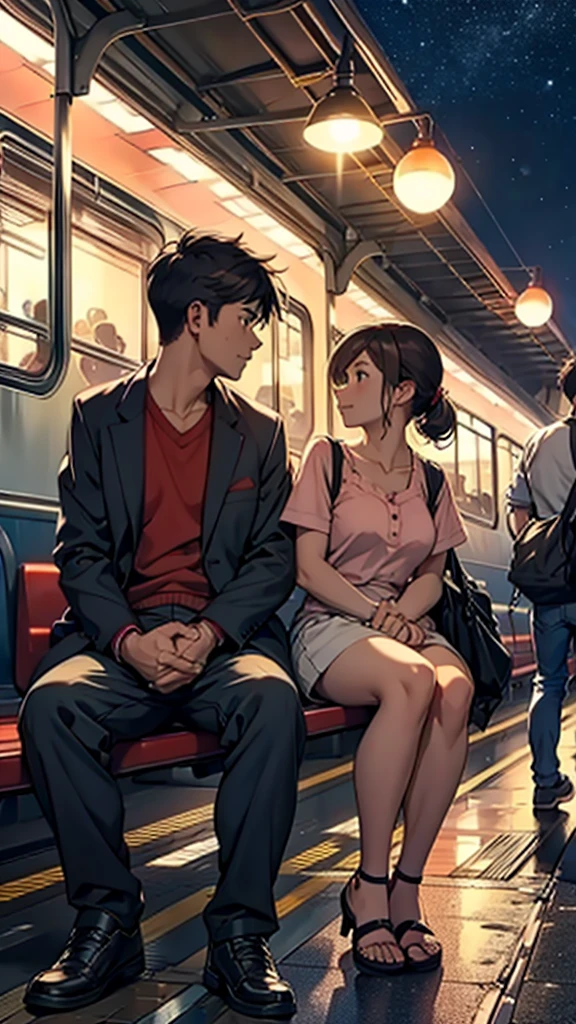 A couple is sitting at the railway station. The train is coming. The couple is wearing short clothes. It is night.