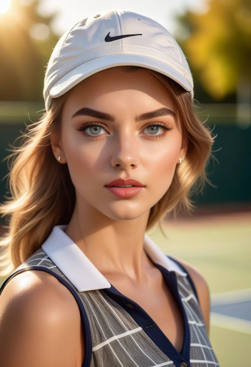 cowboy shot:1.4, a young woman, tennis hobby, fashionable, stylish outfit, beautiful detailed face, detailed eyes, detailed lips, long eyelashes, elegant, graceful pose, posing on tennis court, dynamic action, sunlight, warm color tones, highly detailed, 8K, photorealistic, professional photography, studio lighting, bokeh