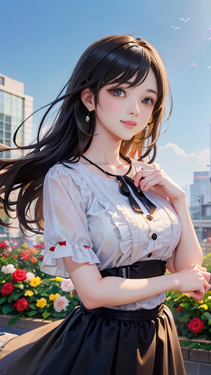 (Highest quality、 8k 、masterpiece、High resolution)、wallpaper、young woman、Beautiful big breasts、Slender beauty、Brown and black medium、Hair blowing in the wind、Hair flying back、whole body、 (Beautiful Face,Beautiful eyes,Beautiful nose,Pretty lips)、A clean eyeliner、(Shibuya-kei fashion、Border frill top、Balloon Skirt)、Earrings、necklace、Her mouth opens slightly and a smile appears.、looking at the camera、Professional Lighting、Professional photographer、Outdoor、garden、Multicolored rose flowers、Detailed CG、