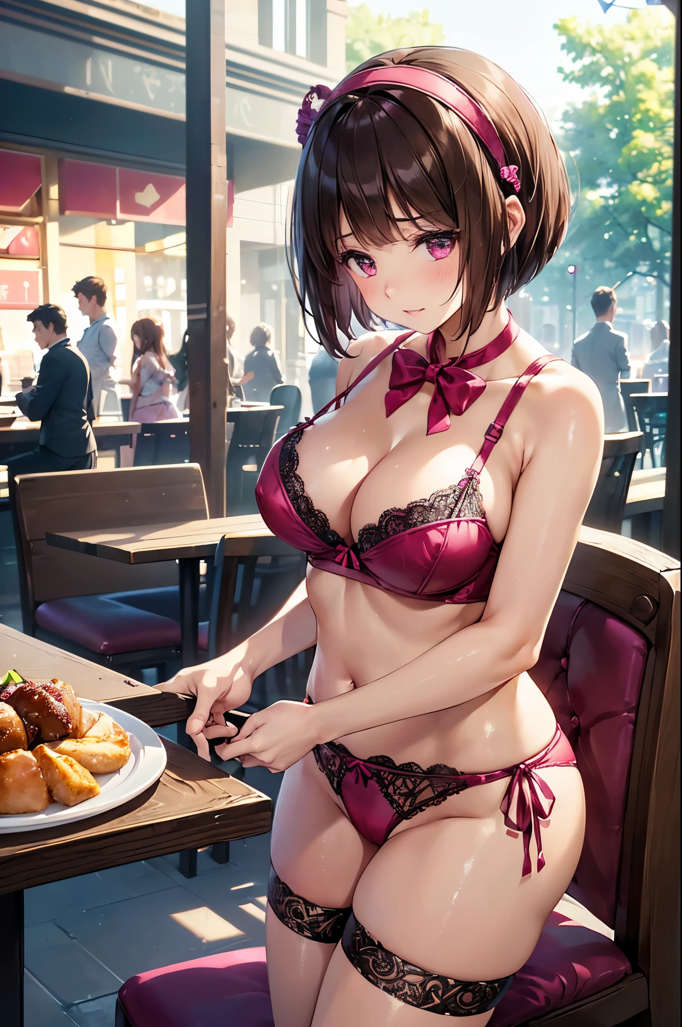 (((masterpiece, Highest quality, High resolution, 超High resolution, Perfect Pixel, Depth of written boundary, 4K, RTTX 10.0))), Beautiful Anime Woman, Beautiful art style, Anime characters, ((Smooth texture, Realistic texture, Anime CG Style)), Perfect and accurate finger count、Exact number of legs、(Exact number of arms:1.0, Exact number of hands:1.0), (Perfect hands, Perfect Anatomy), Cinematic, Realistic, Extremely detailed CG, Daytime lighting, Perfect lighting, Best Shadow, The best natural light, whole body, Perfect body, バランのとれたPerfect body, Perfectly balanced style, Slender body, ((bangs, Dark brown hair, Bobcut)), ((A cute adult woman is standing facing this way:1.8)), ((Bow tie around neck:1.3), (Sexy and cute magenta underwear:1.3), (Stylish shiny magenta satin panties, Side-tie panties, Panties with plain magenta center and lace decoration on the sides:1.4), (Yellow magenta micro lace satin bra, Magenta bra with lace trim:1.4), (lace garter belt, Garter Strings, Knee socks:1.3), (Big frilly headband:1.3):1.3), (Beautiful big boobs:1.1), (Embarrassed expression:1.7), blush, (Stylish restaurant, Many visitors in the background, Inside the crowded store, Tables and chairs filled with male customers, Many men sitting at tables and chairs, The attention men are giving her:1.7), naked, In underwear, Angle from the front, Nakaseko Kaori
