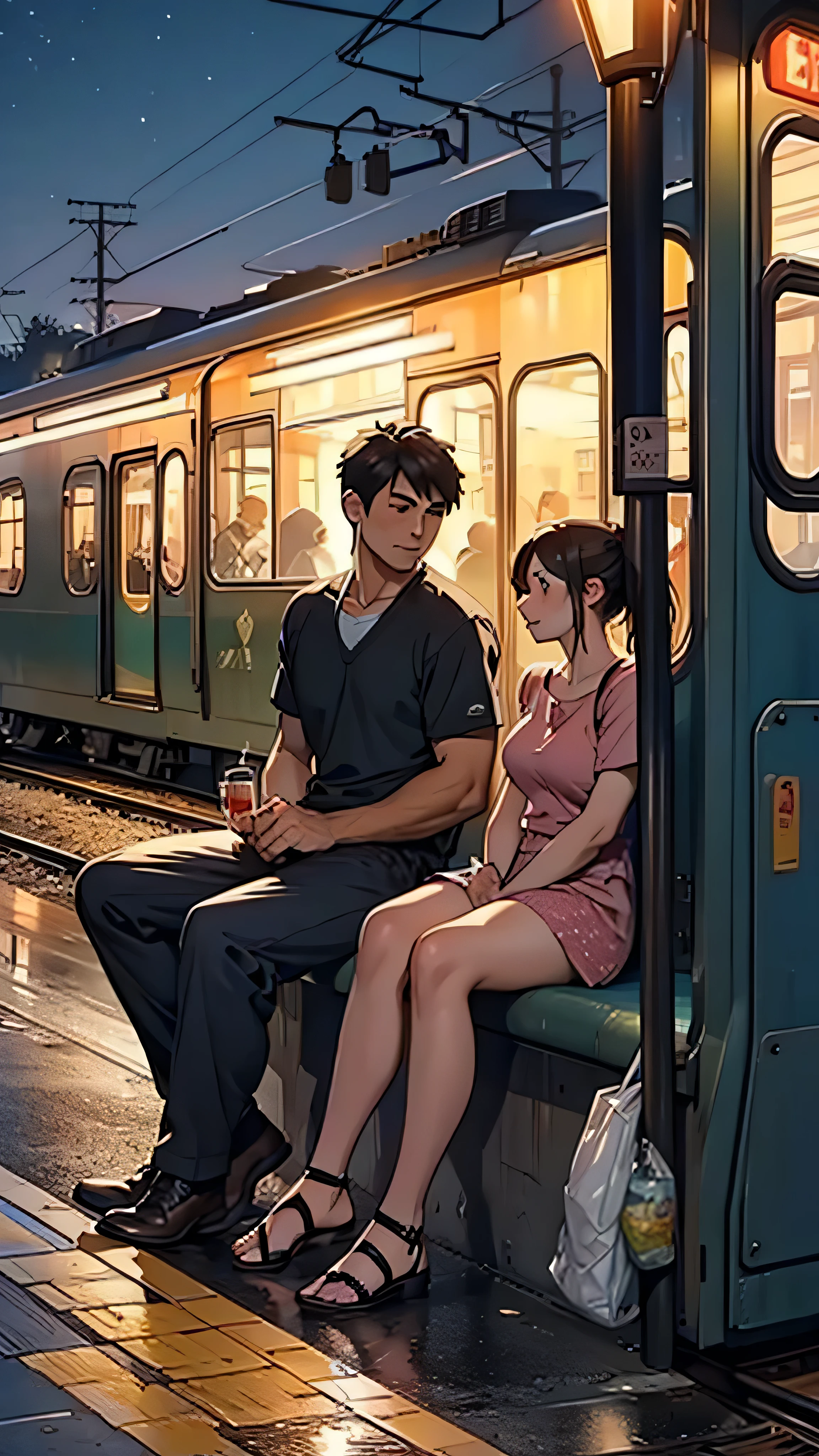 A couple is sitting at the railway station. The train is coming. The couple is wearing short clothes. It is night.