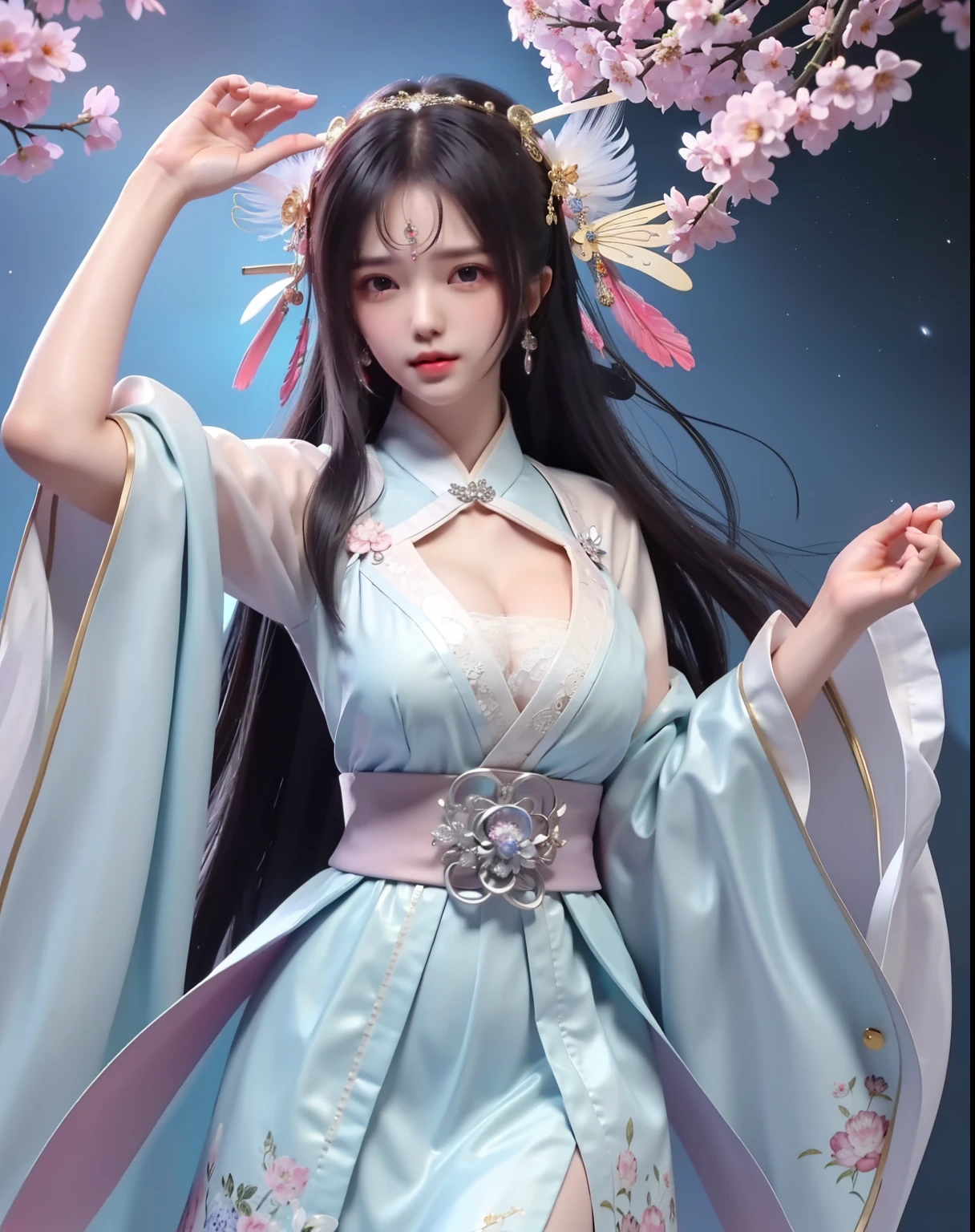 (8k, RAW photo:1.2), best quality, ultra high res,dramatic angle,(fluttered detailed color splashs), (illustration),(((1 girl))),(long hair),(rain:0.9), (Headdress:1.4),There is an ancient palace beside the girl,Hanfu,(Key Points),Color ink painting,(Splash of Color),Splash of Color,(((colorful))),(sketch:0.8) , Masterpiece, best quality, beautiful painted, highly detailed,(denoising:0.6),[splash ink],((ink refraction)), (beautiful detailed sky),moon,highly,detaild,(masterpiece, best quality, extremely detailed） CG Unity 8k Wallpaper，masterpiece，best quality，Ultra Detailed），（Lycoris）. hanfu open v open V-chested clothes Thin silk lace dress , (huge ，cleavage),, white pinkand gren，best qualtiy，tmasterpiece，Ultra-high resolution，（Reality：1.4），RAW photogr，（True skin texture：1.3），（filmgrain：1.3），（Selfie angle），1个Giant Breast Girl，Beautiful eye and face details，tmasterpiece，Best quality at best，，The chest more exposed， detailed hair, bra pink , detail 8k, upper body, lace petticoat