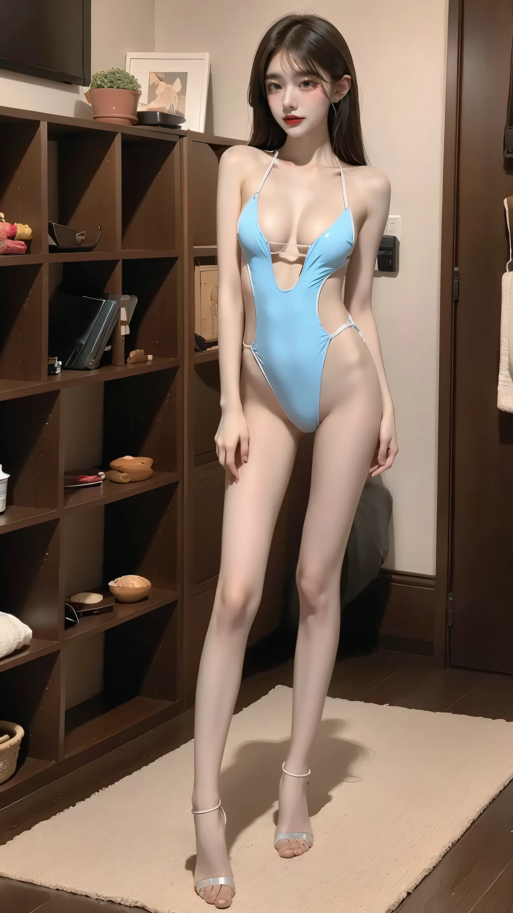 1girl,Colorful transparent swimsuit,Full body,Medium breasts,Cleavage,Long legs,Slim,Very beautiful,Girl,Shiny,Oily skin,Indoors,Standing,Tall, slim,